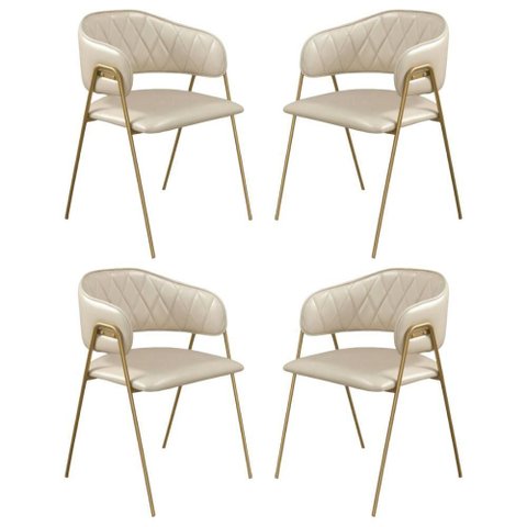 Conjunto 4 Cadeiras Veneza Couro Pérola Metal Dourado