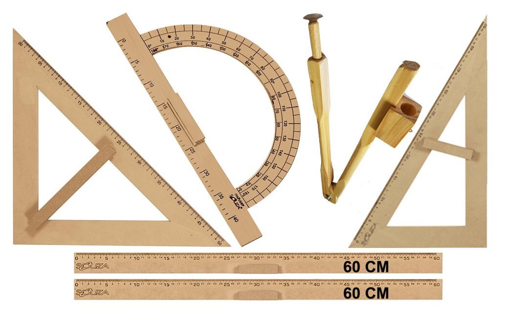 Kit Geométrico Professor 2 Réguas Em MDF 60 cm Com Pegador + 1 Esquadro 45 Graus Em MDF + 1 Esquadro