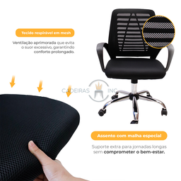 Cadeira de Escritório Diretor Tela Mesh Simples Giratória Ribs Preta - 3