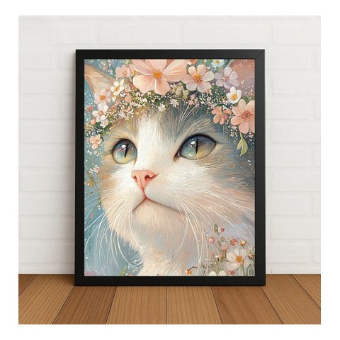 Quadro Decorativo Gato Florido 33x24cm com Vidro Preto