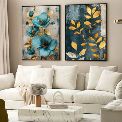 Kit Quadro Decorativo 2 Telas Azul e Dourado Tacolado Moldura Caixa 3cm Preta sem Vidro 30 X 40cm
