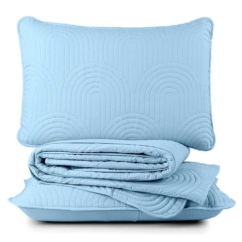 Kit Cobre Leito Colcha Arcos Casal Padrão Dupla Face Matelado 200 Fios 3 Peças Azul Claro