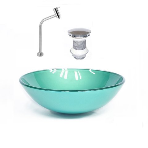 CUBA DE VIDRO REDONDA 42CM VERDE + VALVULA + TORNEIRA CROMADA