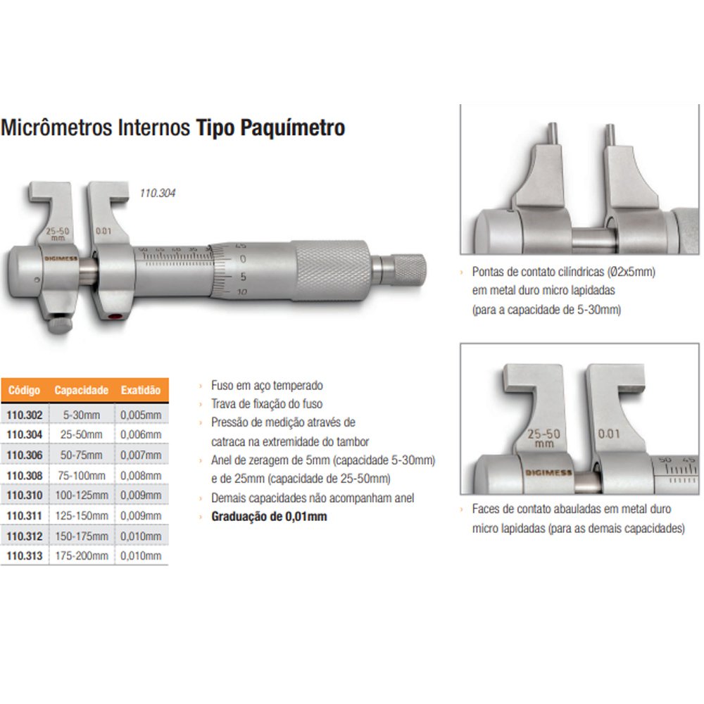 Micrômetro Interno Tipo Paquímetro - Cap. 175-200 Mm - Graduação de 0,01mm - Ref. 110.313 - Digimess - 4