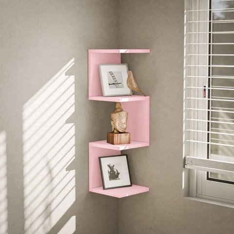Prateleira de Canto Lyra 3 Nichos Decorativos Rosa para Sala Quarto Livros