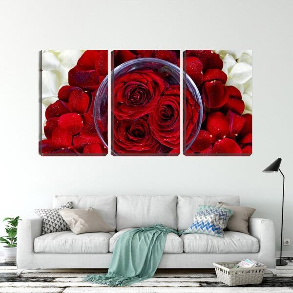 Quadro Decorativo 30x66 pétalas e rosas na tigela - 2