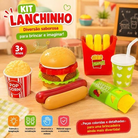 Kit Lanchinho Infantil Fast Food Brinquedo Faz de Conta Hamburguer Batata Pipoca Suco Tortinha
