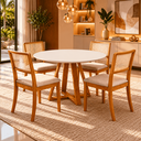 Ver imagem 1 de Mesa Redonda com 4 Cadeiras Linho Bege Pés em Madeira Maciça Cozinha Compacta Apartamento