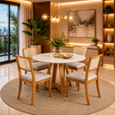 Ver imagem 4 de Mesa Redonda com 4 Cadeiras Linho Bege Pés em Madeira Maciça Cozinha Compacta Apartamento