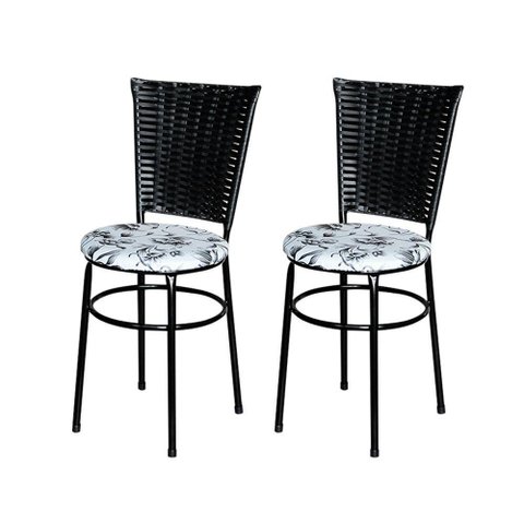 2 Cadeiras Pretas para Cozinha Hawai Preta com Assento Floral Cor:floral Branco