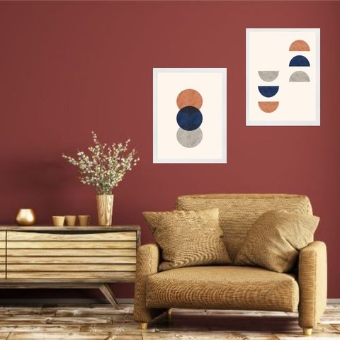Kit 2 Quadros Abstratos Boho Terracota e Azul 45x34cm - com Vidro:madeira Branca