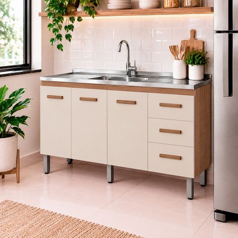 Balcão 160cm Emily 03 Portas e 03 Gavetas com Pia e Cuba Ghelplus Savana Off White Moblis