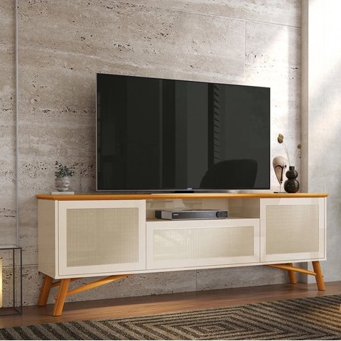 Rack para Tv até 75'' Pés em Madeira Maciça Darin Off White Cedro Edn Edn Móveis