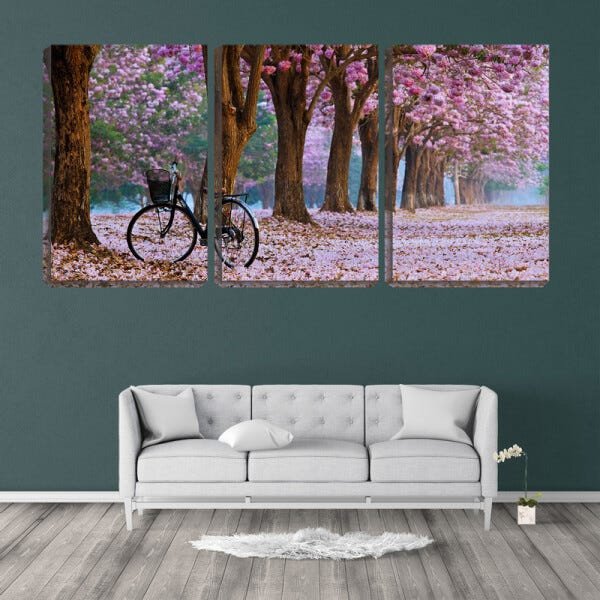 Quadro Decorativo 30x66 bicicleta sobre flores rosas - 2