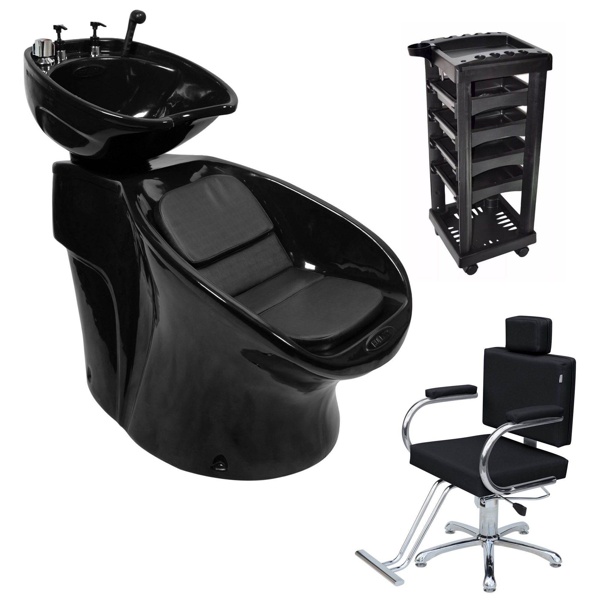 Lavatório Neon Shampoo + Cadeira Lotus Reclinável + Carrinho Auxiliar - Preto - 127
