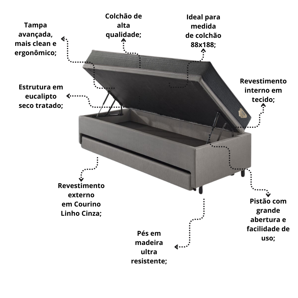 Bicama Box Baú Solteiro 88x188x42 Courino Linho Cinza com Colchão Adapto Molas Ensacadas Ecoflex - 9