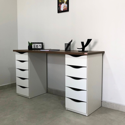 Escrivaninha Mesa Escritório Minimalista com Due 10 Gavetas 136cm Nogal E Branco - 3