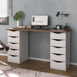Escrivaninha Mesa Escritório Minimalista com Due 10 Gavetas 136cm Nogal E Branco - 1