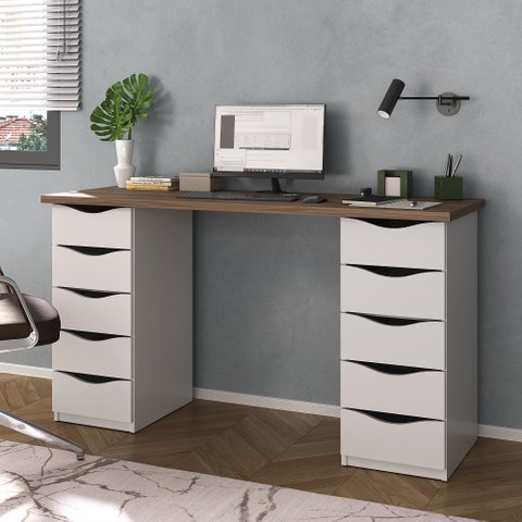 Escrivaninha Mesa Escritório Minimalista com Due 10 Gavetas 136cm Nogal E Branco