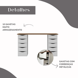 Escrivaninha Mesa Escritório Minimalista com Due 10 Gavetas 136cm Nogal E Branco - 5