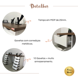 Escrivaninha Mesa Escritório Minimalista com Due 10 Gavetas 136cm Nogal E Branco - 9