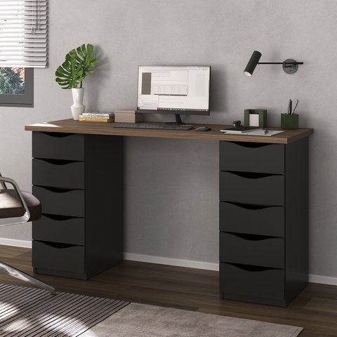 Escrivaninha Mesa Escritório Minimalista com Due 10 Gavetas 136cm Nogal e Preto Artany