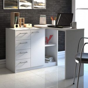 Escrivaninha Minimalista em L com 1 armário e 4 gavetas com ótimo espaço de armazenamento Logan