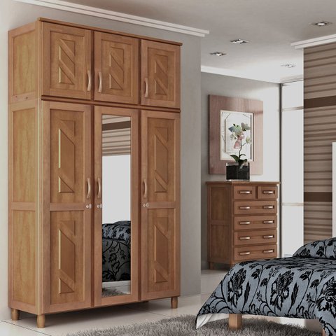 Conjunto de Quarto Grécia: Guarda-roupa 6 Portas Maleiro Cômoda 6 Gavetas Madeira Pinus Imbuia - Cav