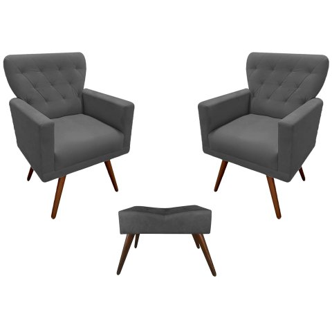 Kit 2 Poltronas Decorativa Aurora + 1 Puff Retangular Suede Cinza Pés Madeira Mz Decor