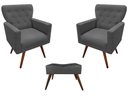 Ver imagem 1 de Kit 2 Poltronas Decorativa Aurora + 1 Puff Retangular Suede Cinza Pés Madeira Mz Decor