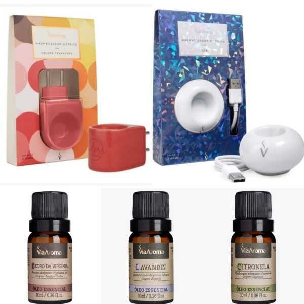 Kit 1 Aromatizador Terracota + 1 Difusor USB Led + 3 Óleos Essenciais Naturais Via Aroma - Usb Led + - 1