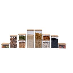 Kit 10 Potes Acrílico Tampa Bambu Quadrados Mantimento Oikos - 1