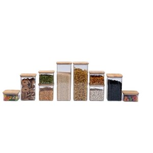 Kit 10 Potes Acrílico Tampa Bambu Quadrados Mantimento Oikos