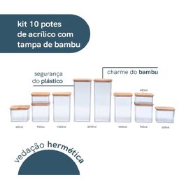 Kit 10 Potes Acrílico Tampa Bambu Quadrados Mantimento Oikos - 2