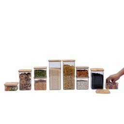 Kit 10 Potes Acrílico Tampa Bambu Quadrados Mantimento Oikos - 5