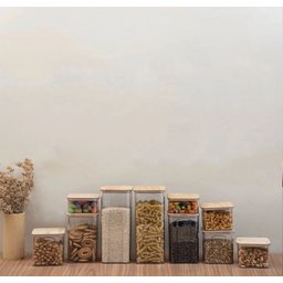 Kit 10 Potes Acrílico Tampa Bambu Quadrados Mantimento Oikos - 4