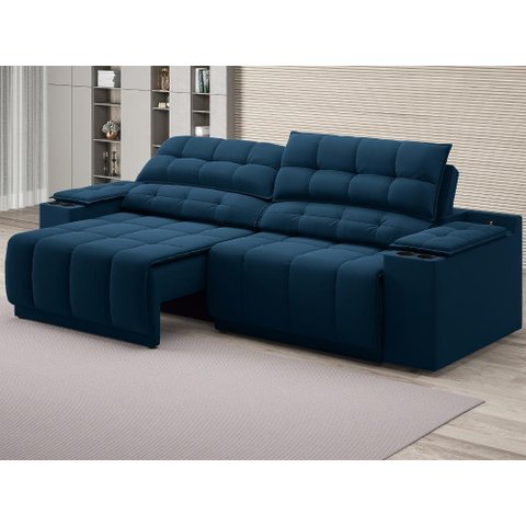 Sofá com Porta Copos Carregador USB Ret Rec Samurai 2,30m Velosuede Petróleo - NETSOFAS