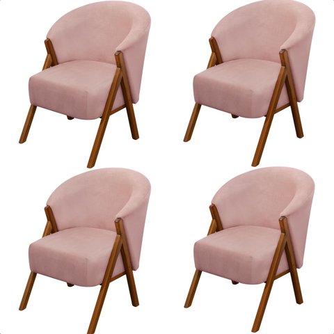 Kit 4 Poltrona Sala Yumi Veludo Rosa Pés Madeira Maciça Castanho - Arkell