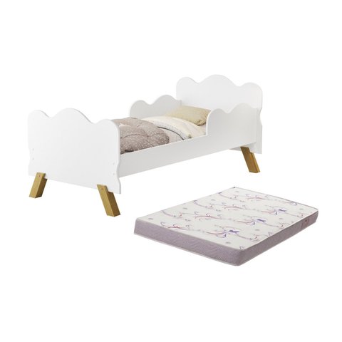Mini Cama Infantil Angel Nuvem de Mdf com Proteção Lateral + Colchão D18 Incluso