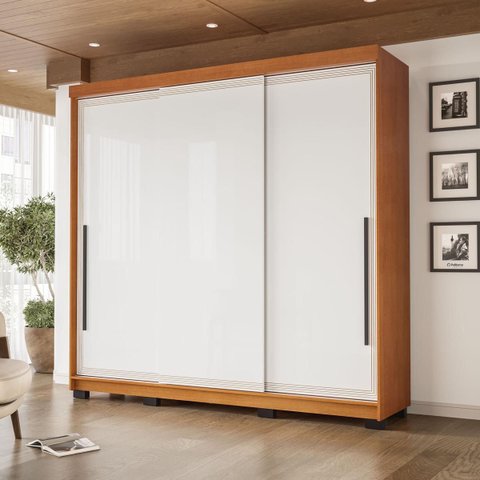 Roupeiro Valência 3 Portas Correr 4 Gavetas 217x213cm Freijó/Branco 240837