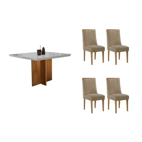 Sala de Jantar Completa Berlim C/ Tampo Madeirado C/ Vidro Canto Curvo 90x90cm e 4 Cadeiras Dafne