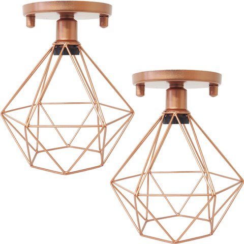 2 Lustres Teto Plafon Industrial Aramado Diamante Retrô Luminária Sobrepor Vintage Cobre Rose