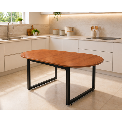 Mesa de Jantar para 6 Cadeiras Tampo Oval em Mdf Base de Ferro Preta Estilo Industrial:nature
