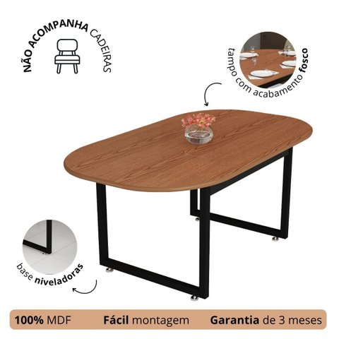 Mesa de Jantar para 6 Cadeiras Tampo Oval em Mdf Base de Ferro Preta Estilo Industrial:nature