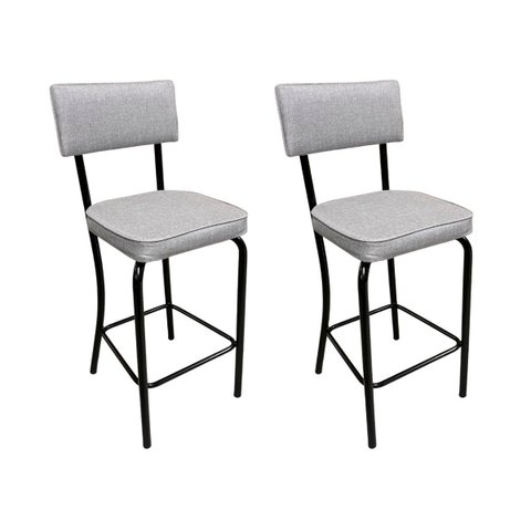 Conjunto 2 Banquetas Olivia Altura 65cm para Bar e Cozinha Preta com Assento Confortável Linho Cinza