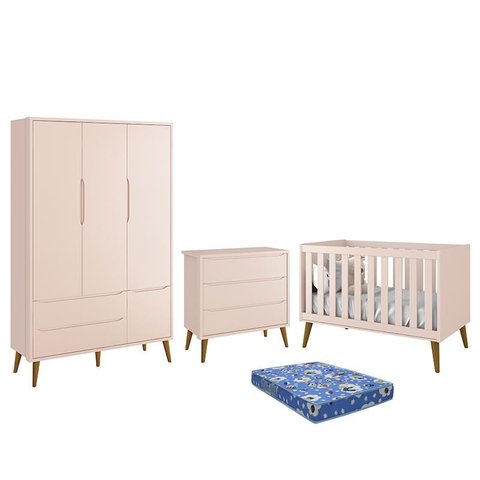 Dormitório Infantil Theo Retrô 3 Portas, Cômoda, Berço Rosa com Pés Amadeirado e Colchão - Reller Mó