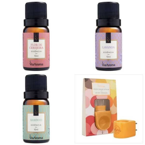 Kit 1 Aromatizador Difusor Elétrico Colors Original Porcelana + 3 Essências Via Aroma - Laranja - 1