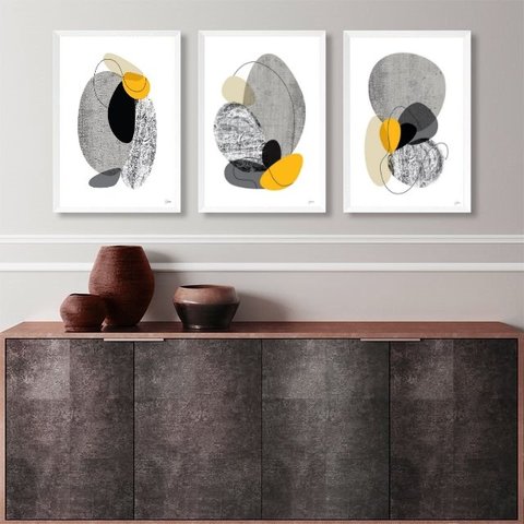 Kit 3 Quadros Abstratos Minimalistas Preto Cinza Amarelo 45x34cm - com Vidro:madeira Branca