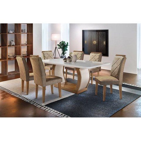 Sala de Jantar Completa Jade Tampo Madeirado c/ Vidro Canto Curvo 180cm + 6 Cadeiras Melissa Imbuia/