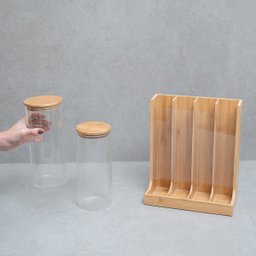 Kit com 2 potes de vidro com tampa de bambu 1,6l e porta cápsulas de bambu - Oikos - 6